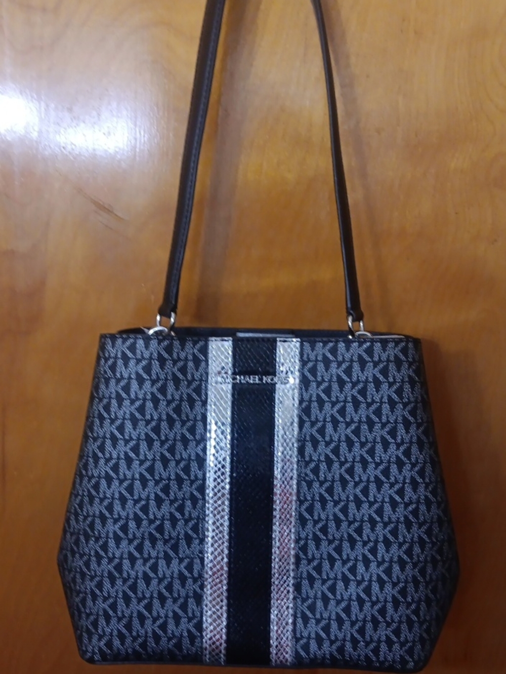 Michael Kors Black Logo Shoulder Bag with Metallic Stripe
